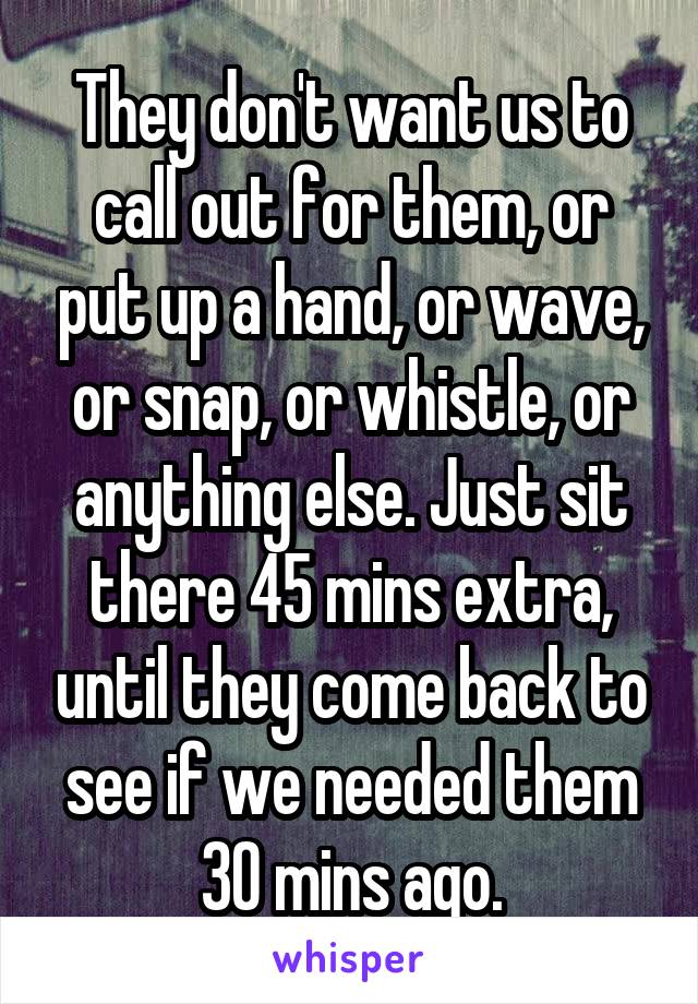 They don't want us to call out for them, or put up a hand, or wave, or snap, or whistle, or anything else. Just sit there 45 mins extra, until they come back to see if we needed them 30 mins ago.