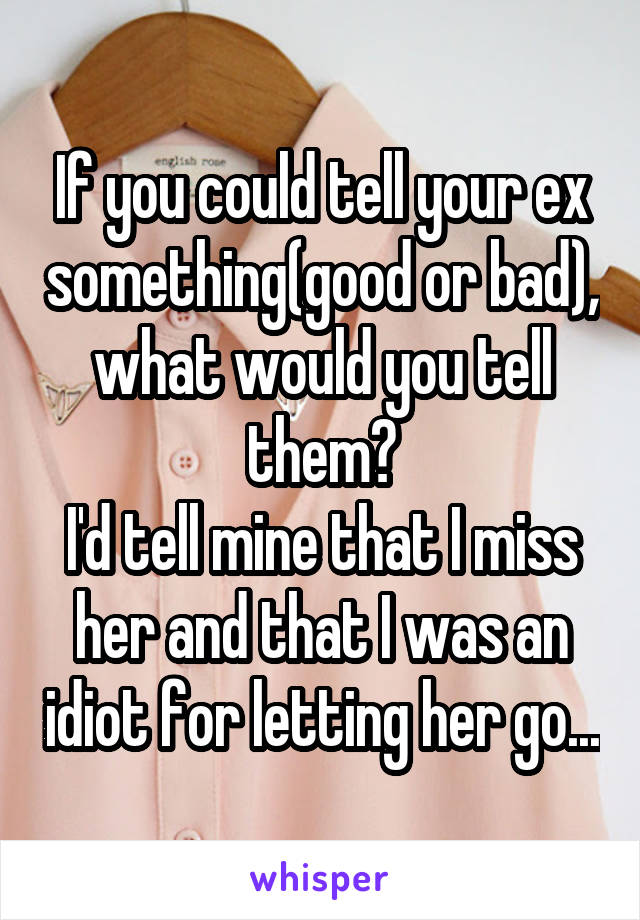 If you could tell your ex something(good or bad), what would you tell them?
I'd tell mine that I miss her and that I was an idiot for letting her go...