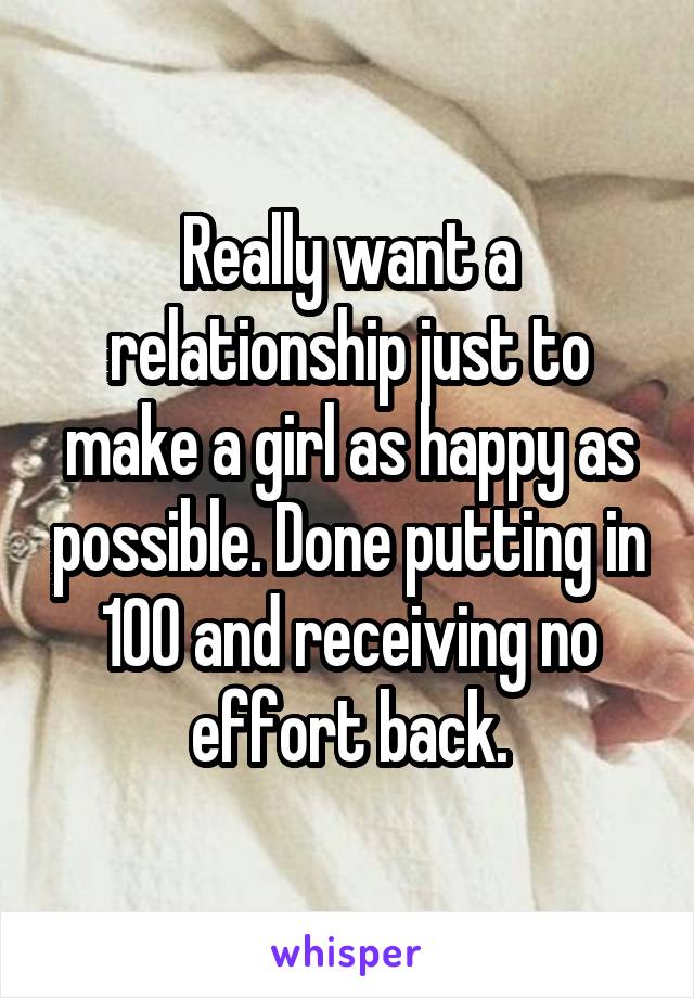 Really want a relationship just to make a girl as happy as possible. Done putting in 100 and receiving no effort back.