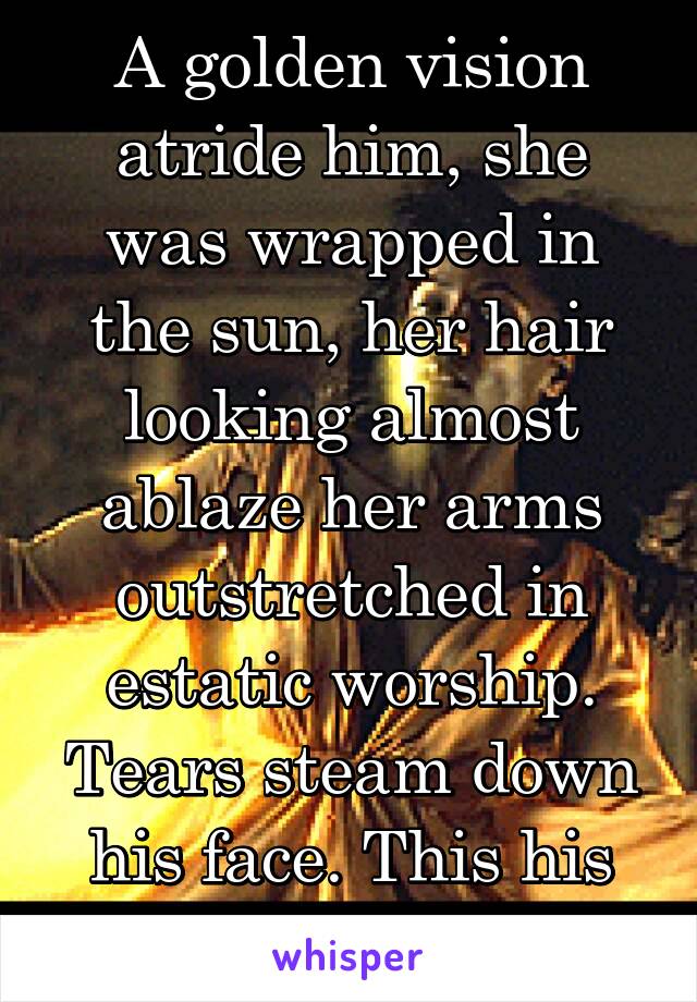 A golden vision atride him, she was wrapped in the sun, her hair looking almost ablaze her arms outstretched in estatic worship. Tears steam down his face. This his first taste of love 