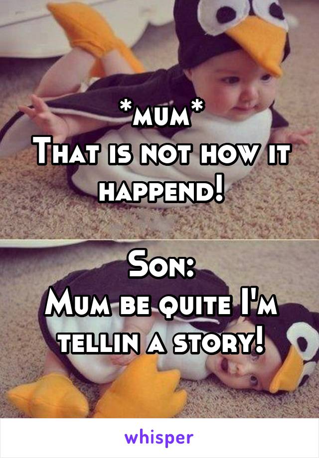 *mum*
That is not how it happend!

Son:
Mum be quite I'm tellin a story!