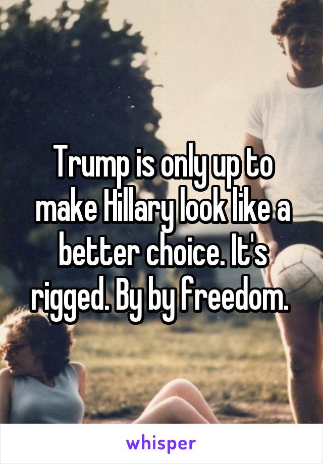 Trump is only up to make Hillary look like a better choice. It's rigged. By by freedom. 