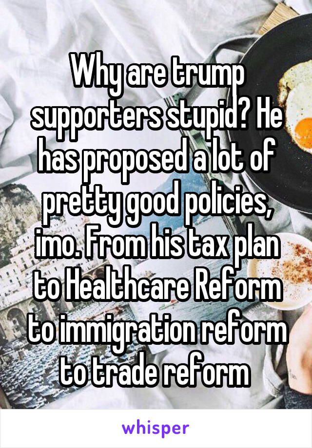 Why are trump supporters stupid? He has proposed a lot of pretty good policies, imo. From his tax plan to Healthcare Reform to immigration reform to trade reform 