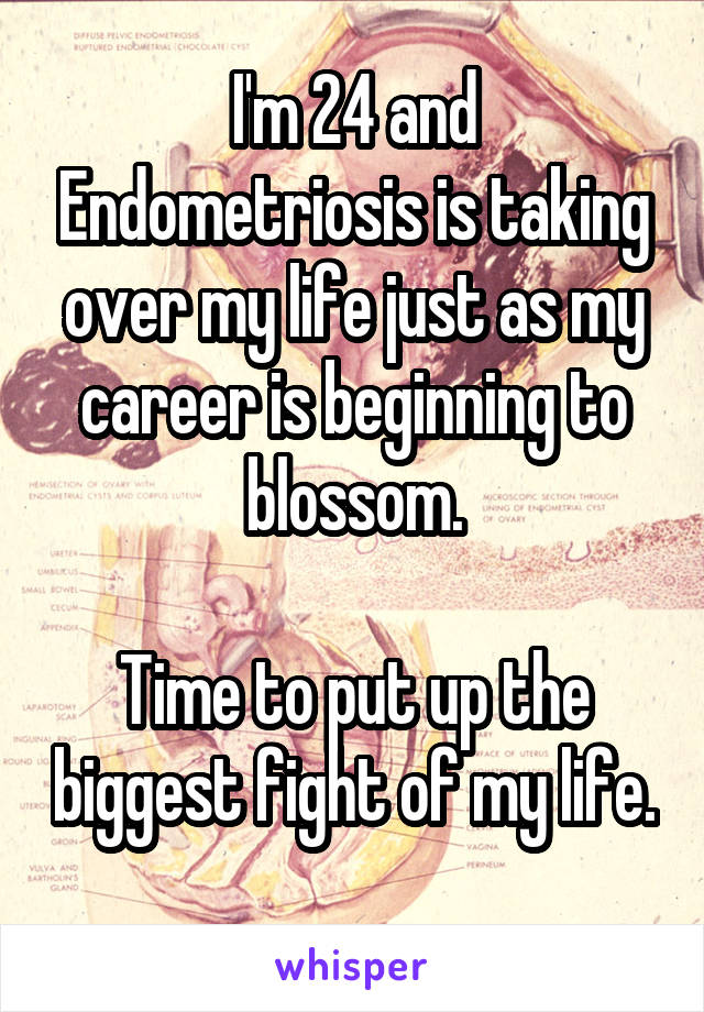 I'm 24 and Endometriosis is taking over my life just as my career is beginning to blossom.

Time to put up the biggest fight of my life. 