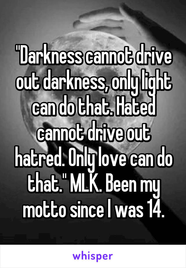 "Darkness cannot drive out darkness, only light can do that. Hated cannot drive out hatred. Only love can do that." MLK. Been my motto since I was 14.