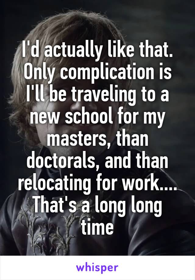 I'd actually like that. Only complication is I'll be traveling to a new school for my masters, than doctorals, and than relocating for work....
That's a long long time