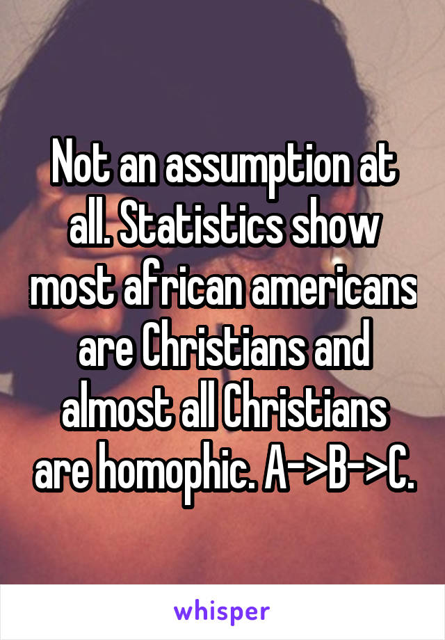 Not an assumption at all. Statistics show most african americans are Christians and almost all Christians are homophic. A->B->C.