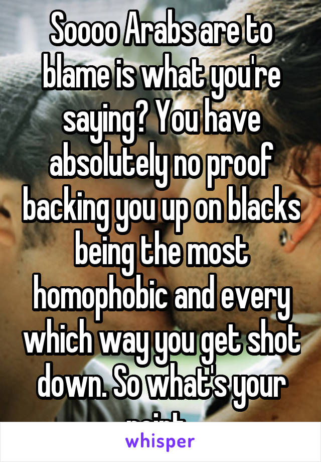 Soooo Arabs are to blame is what you're saying? You have absolutely no proof backing you up on blacks being the most homophobic and every which way you get shot down. So what's your point. 