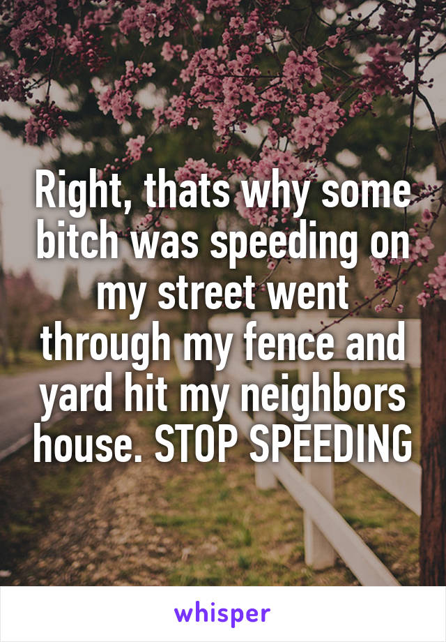 Right, thats why some bitch was speeding on my street went through my fence and yard hit my neighbors house. STOP SPEEDING