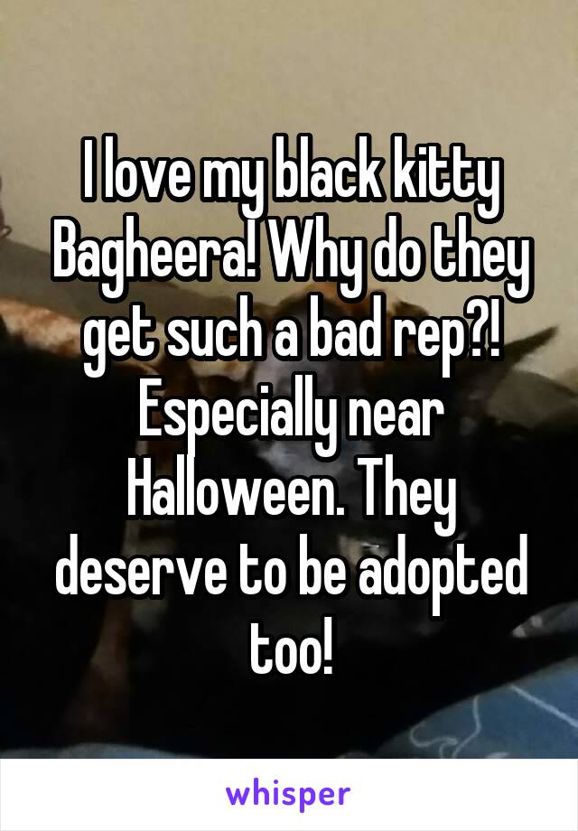 I love my black kitty Bagheera! Why do they get such a bad rep?! Especially near Halloween. They deserve to be adopted too!