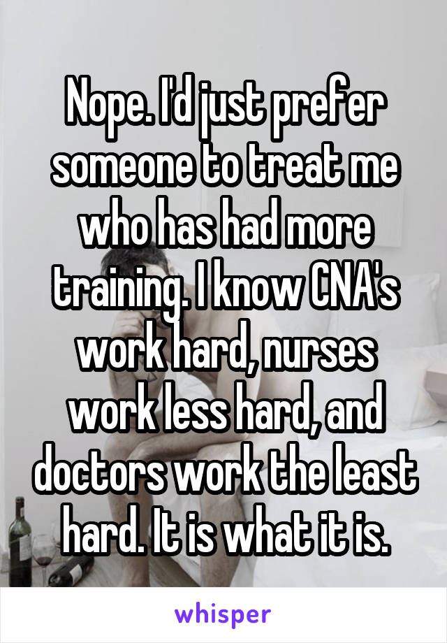 Nope. I'd just prefer someone to treat me who has had more training. I know CNA's work hard, nurses work less hard, and doctors work the least hard. It is what it is.