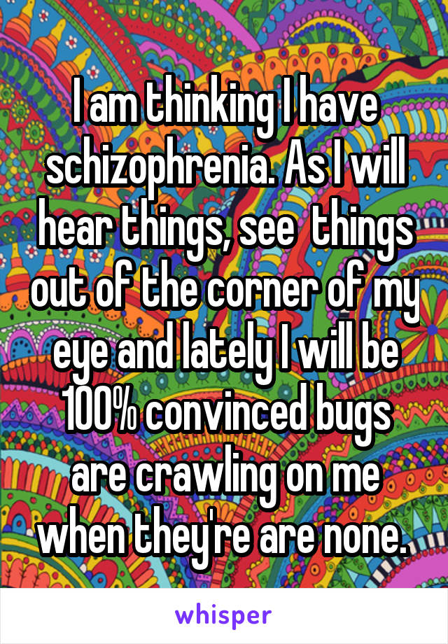 I am thinking I have schizophrenia. As I will hear things, see  things out of the corner of my eye and lately I will be 100% convinced bugs are crawling on me when they're are none. 