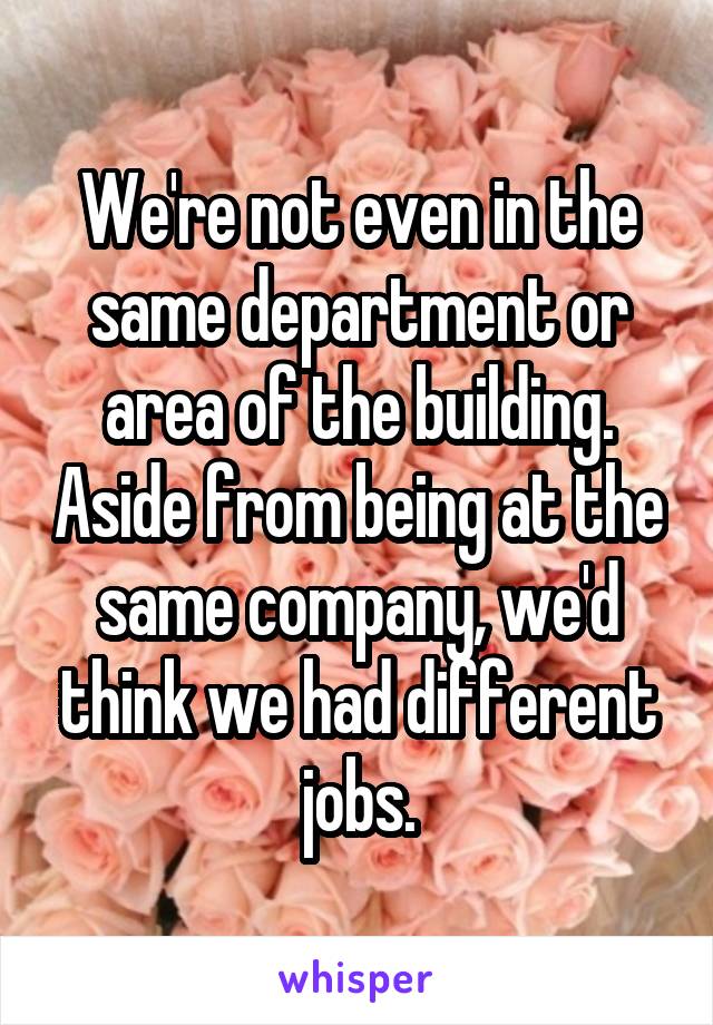 We're not even in the same department or area of the building. Aside from being at the same company, we'd think we had different jobs.
