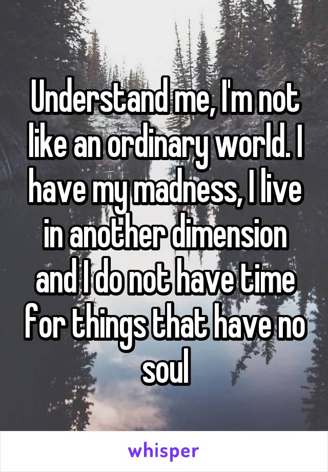 Understand me, I'm not like an ordinary world. I have my madness, I live in another dimension and I do not have time for things that have no soul