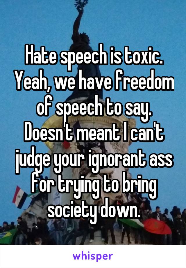 Hate speech is toxic. Yeah, we have freedom of speech to say. Doesn't meant I can't judge your ignorant ass for trying to bring society down.