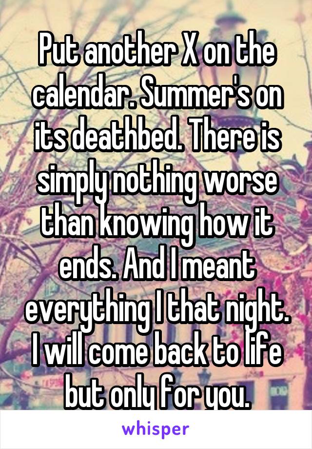 Put another X on the calendar. Summer's on its deathbed. There is simply nothing worse than knowing how it ends. And I meant everything I that night.
I will come back to life but only for you.