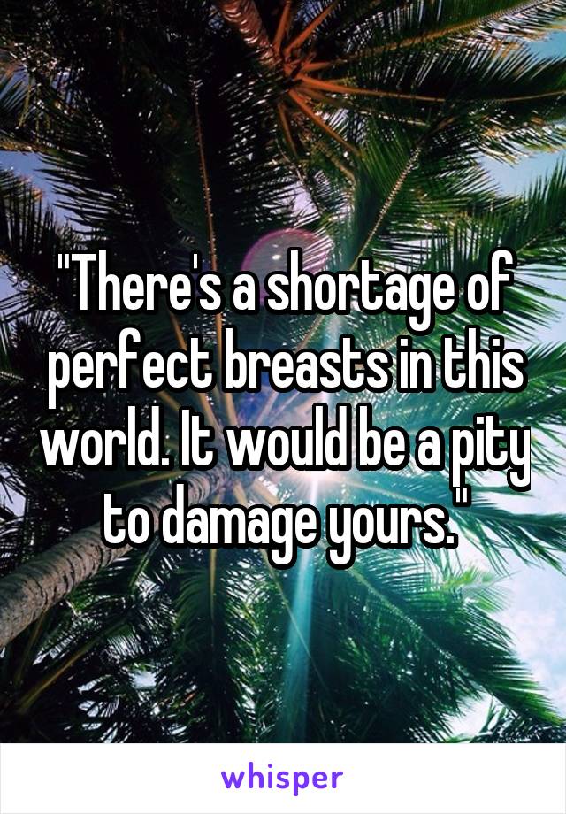 "There's a shortage of perfect breasts in this world. It would be a pity to damage yours."