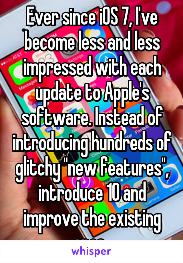 Ever since iOS 7, I've become less and less impressed with each update to Apple's software. Instead of introducing hundreds of glitchy "new features", introduce 10 and improve the existing ones. 
