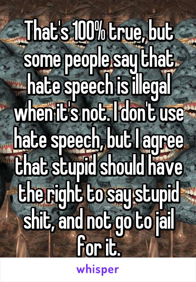 That's 100% true, but some people say that hate speech is illegal when it's not. I don't use hate speech, but I agree that stupid should have the right to say stupid shit, and not go to jail for it.
