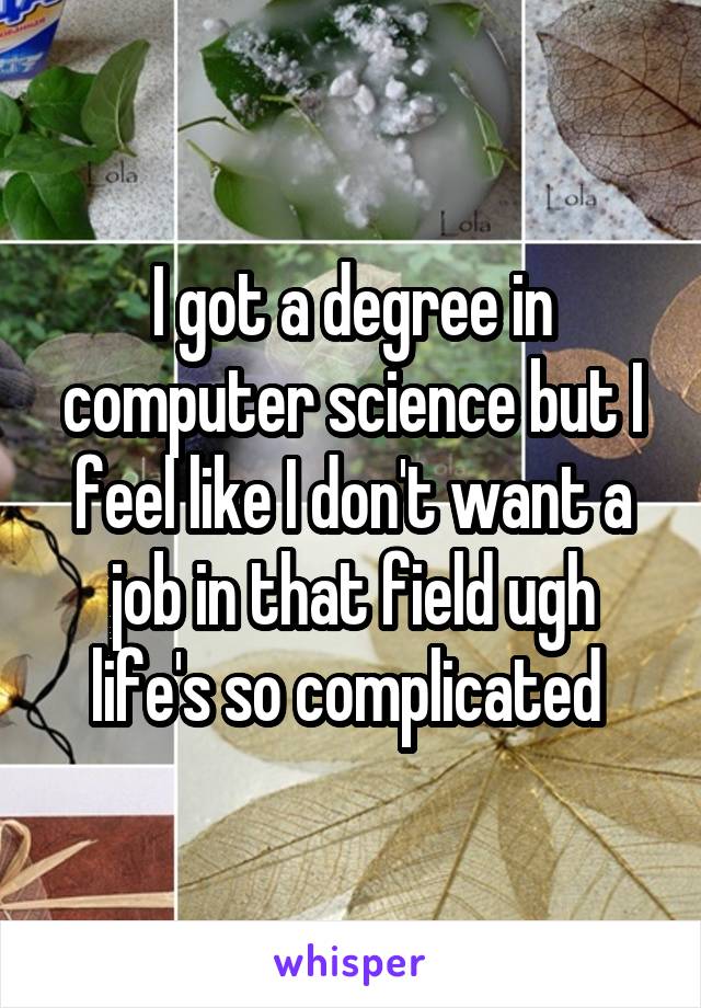 I got a degree in computer science but I feel like I don't want a job in that field ugh life's so complicated 