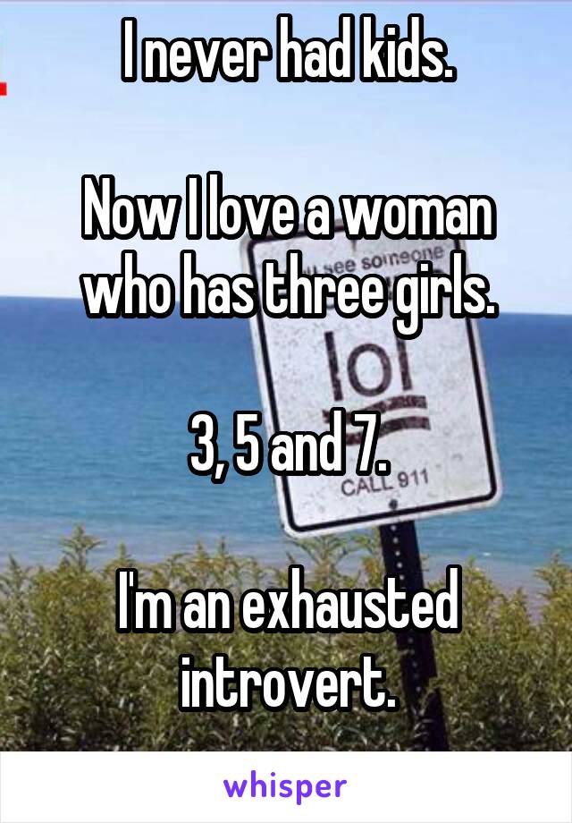 I never had kids.

Now I love a woman who has three girls.

3, 5 and 7.

I'm an exhausted introvert.
