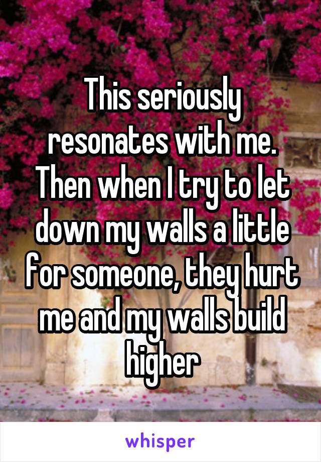 This seriously resonates with me.
Then when I try to let down my walls a little for someone, they hurt me and my walls build higher