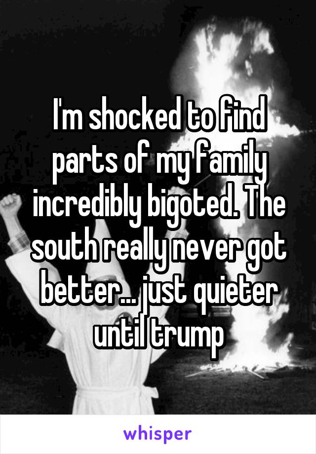 I'm shocked to find parts of my family incredibly bigoted. The south really never got better... just quieter until trump