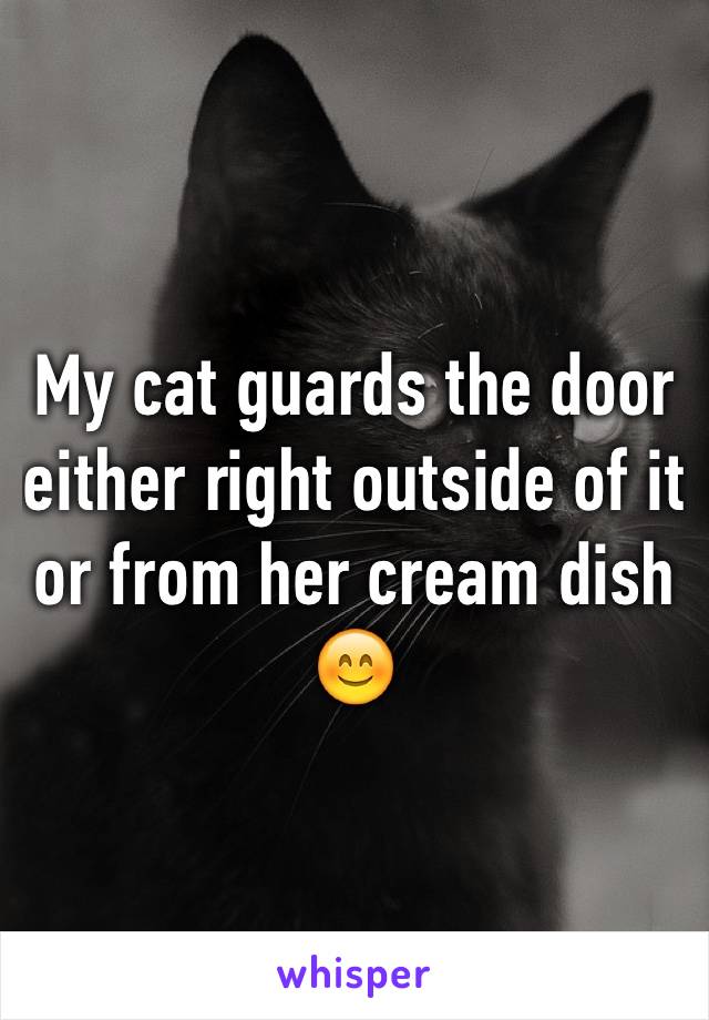 My cat guards the door either right outside of it or from her cream dish 😊