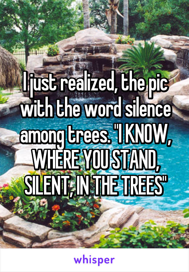 I just realized, the pic with the word silence among trees. "I KNOW, WHERE YOU STAND, SILENT, IN THE TREES"