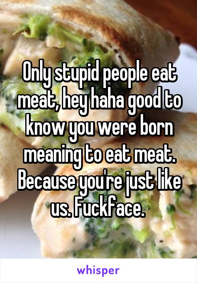 Only stupid people eat meat, hey haha good to know you were born meaning to eat meat. Because you're just like us. Fuckface. 