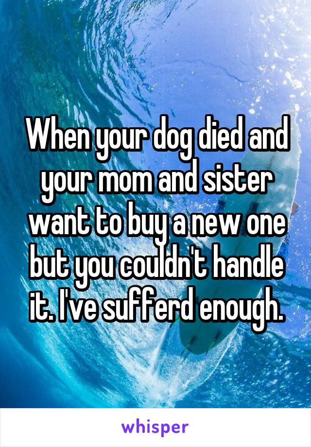 When your dog died and your mom and sister want to buy a new one but you couldn't handle it. I've sufferd enough.