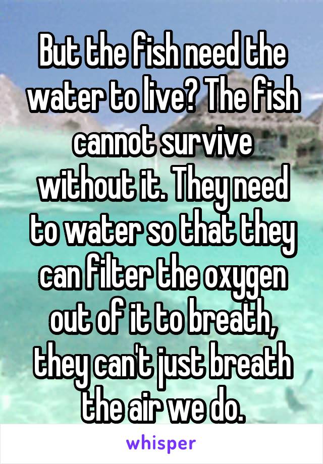 But the fish need the water to live? The fish cannot survive without it. They need to water so that they can filter the oxygen out of it to breath, they can't just breath the air we do.