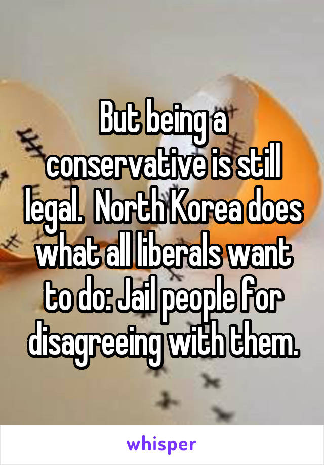 But being a conservative is still legal.  North Korea does what all liberals want to do: Jail people for disagreeing with them.