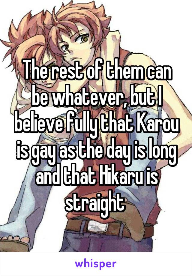 The rest of them can be whatever, but I believe fully that Karou is gay as the day is long and that Hikaru is straight 