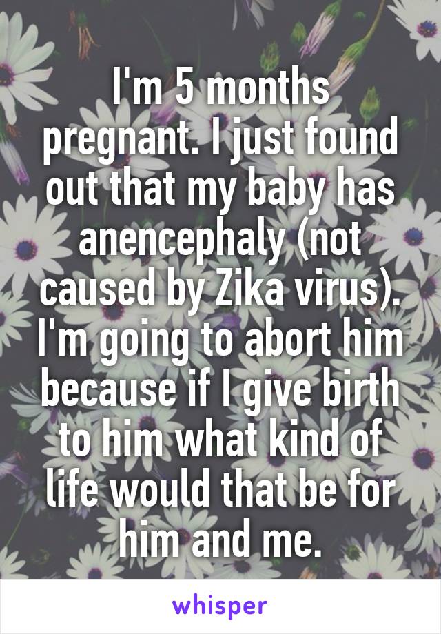 I'm 5 months pregnant. I just found out that my baby has anencephaly (not caused by Zika virus). I'm going to abort him because if I give birth to him what kind of life would that be for him and me.
