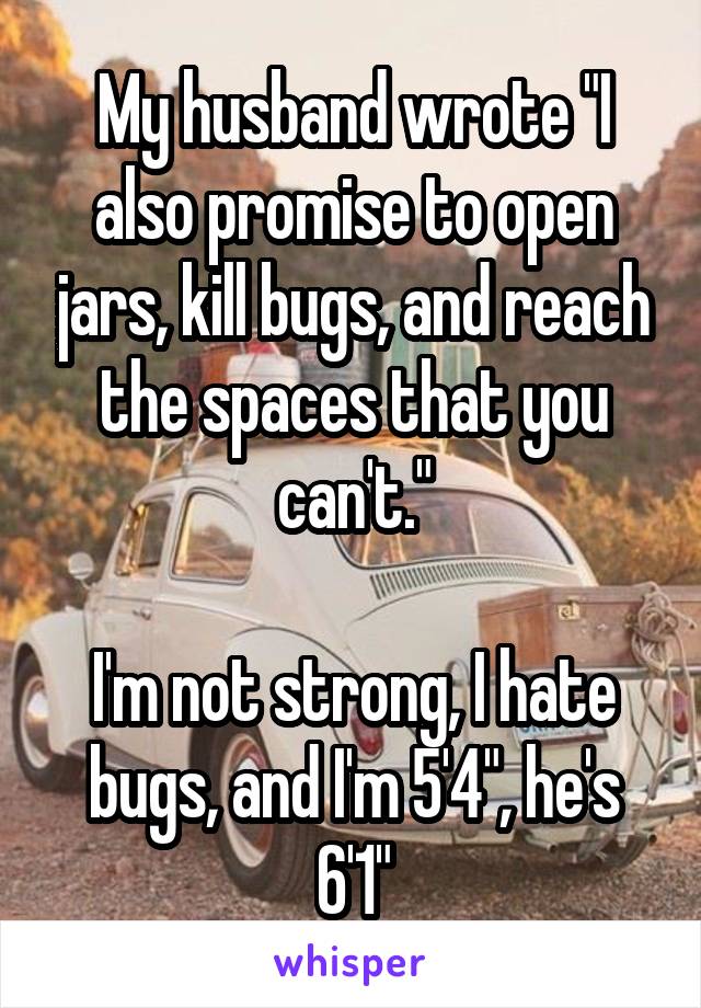 My husband wrote "I also promise to open jars, kill bugs, and reach the spaces that you can't."

I'm not strong, I hate bugs, and I'm 5'4", he's 6'1"