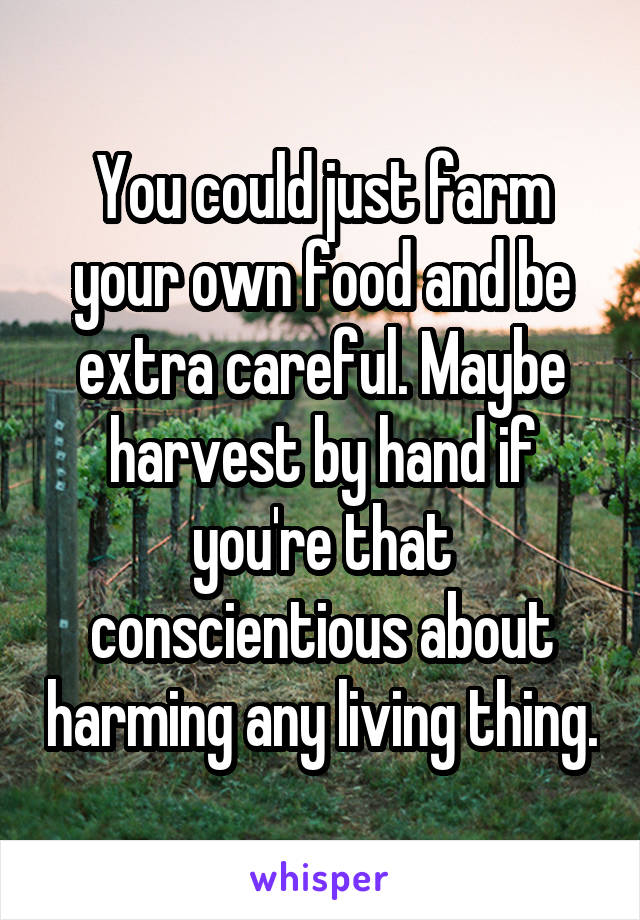 You could just farm your own food and be extra careful. Maybe harvest by hand if you're that conscientious about harming any living thing.