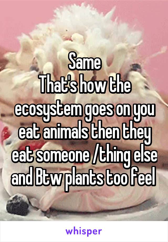 Same
That's how the ecosystem goes on you eat animals then they eat someone /thing else and Btw plants too feel 