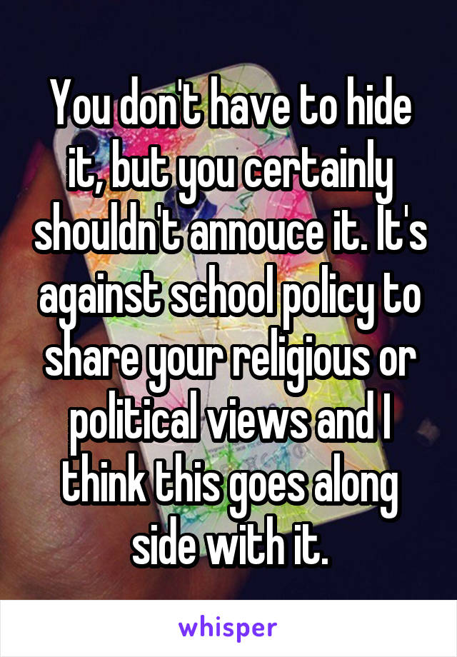You don't have to hide it, but you certainly shouldn't annouce it. It's against school policy to share your religious or political views and I think this goes along side with it.