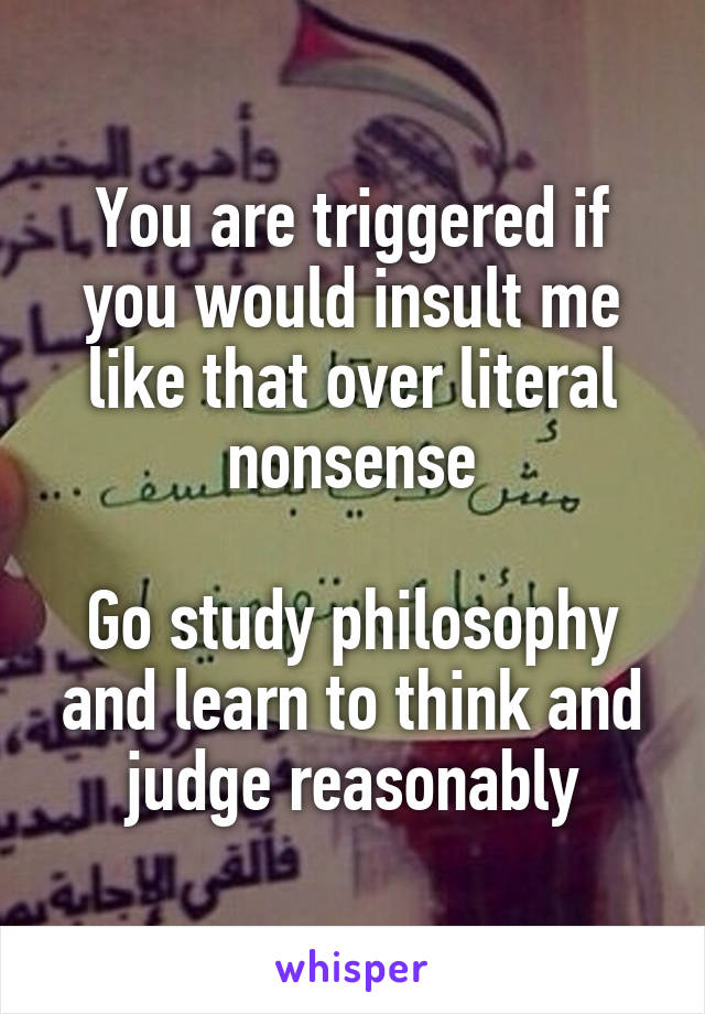 You are triggered if you would insult me like that over literal nonsense

Go study philosophy and learn to think and judge reasonably