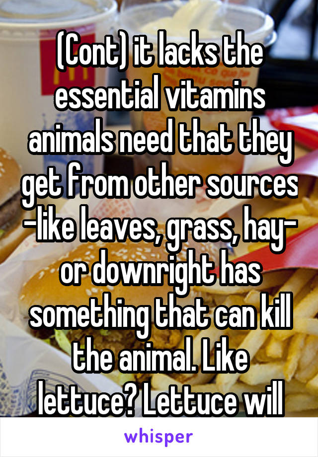 (Cont) it lacks the essential vitamins animals need that they get from other sources -like leaves, grass, hay- or downright has something that can kill the animal. Like lettuce? Lettuce will