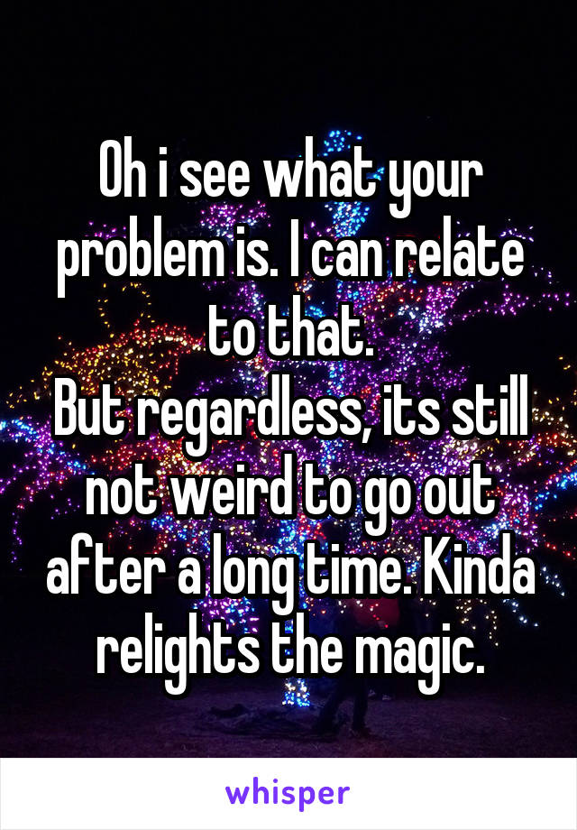 Oh i see what your problem is. I can relate to that.
But regardless, its still not weird to go out after a long time. Kinda relights the magic.