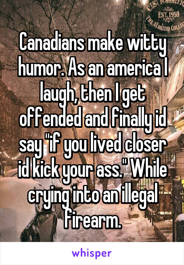 Canadians make witty humor. As an america I laugh, then I get offended and finally id say "if you lived closer id kick your ass." While crying into an illegal firearm.
