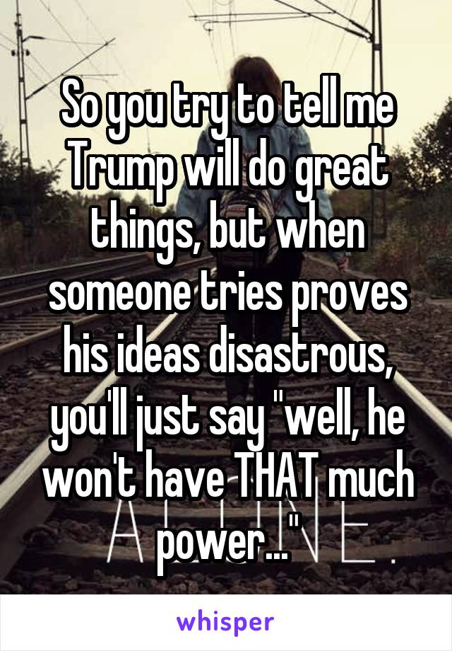 So you try to tell me Trump will do great things, but when someone tries proves his ideas disastrous, you'll just say "well, he won't have THAT much power..."