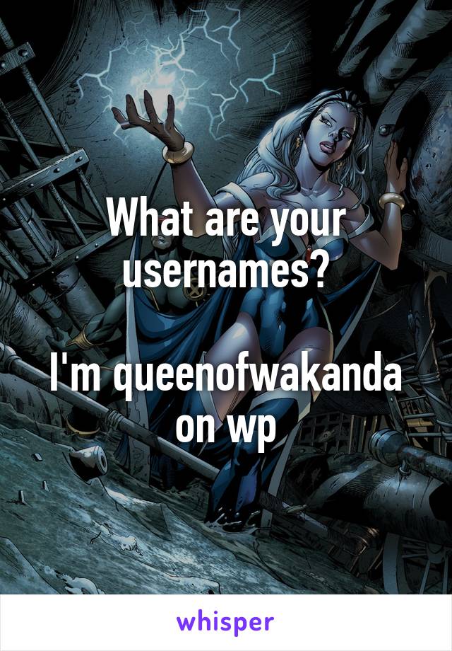 What are your usernames?

I'm queenofwakanda on wp