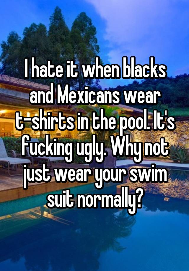 I hate it when blacks and Mexicans wear t-shirts in the pool. It's fucking ugly. Why not just wear your swim suit normally?