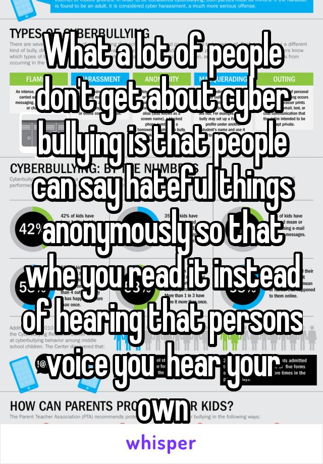 What a lot of people don't get about cyber bullying is that people can say hateful things anonymously so that whe you read it instead of hearing that persons voice you  hear your own
