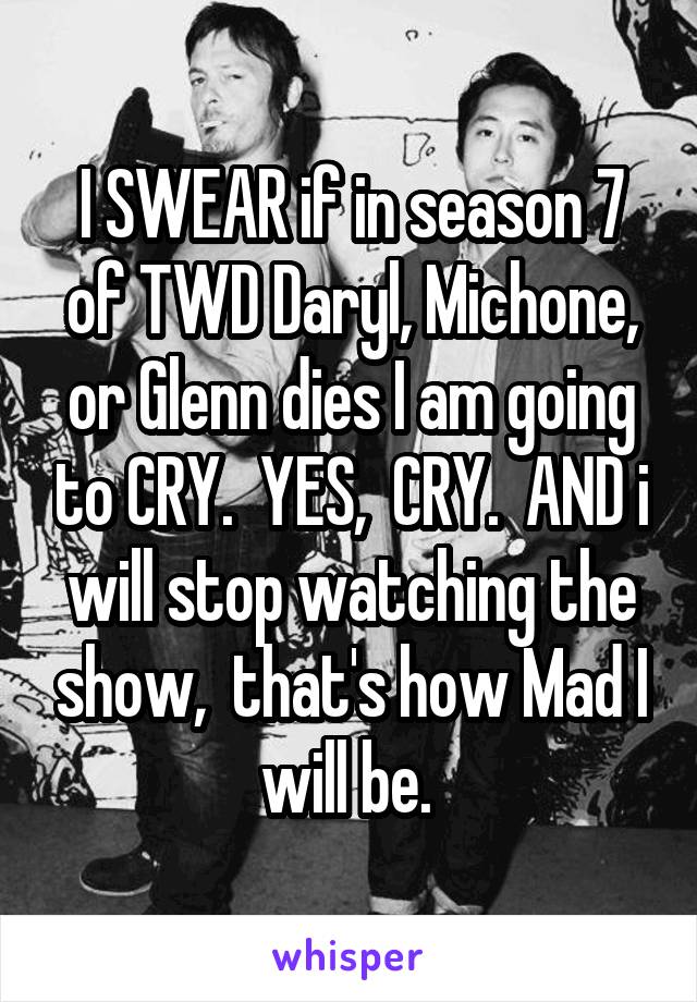 I SWEAR if in season 7 of TWD Daryl, Michone, or Glenn dies I am going to CRY.  YES,  CRY.  AND i will stop watching the show,  that's how Mad I will be. 