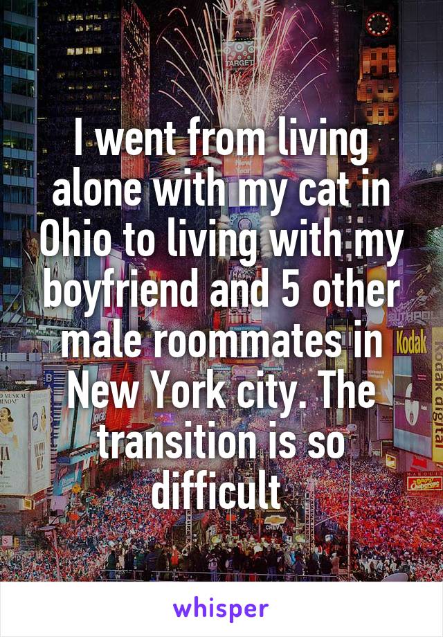 I went from living alone with my cat in Ohio to living with my boyfriend and 5 other male roommates in New York city. The transition is so difficult 