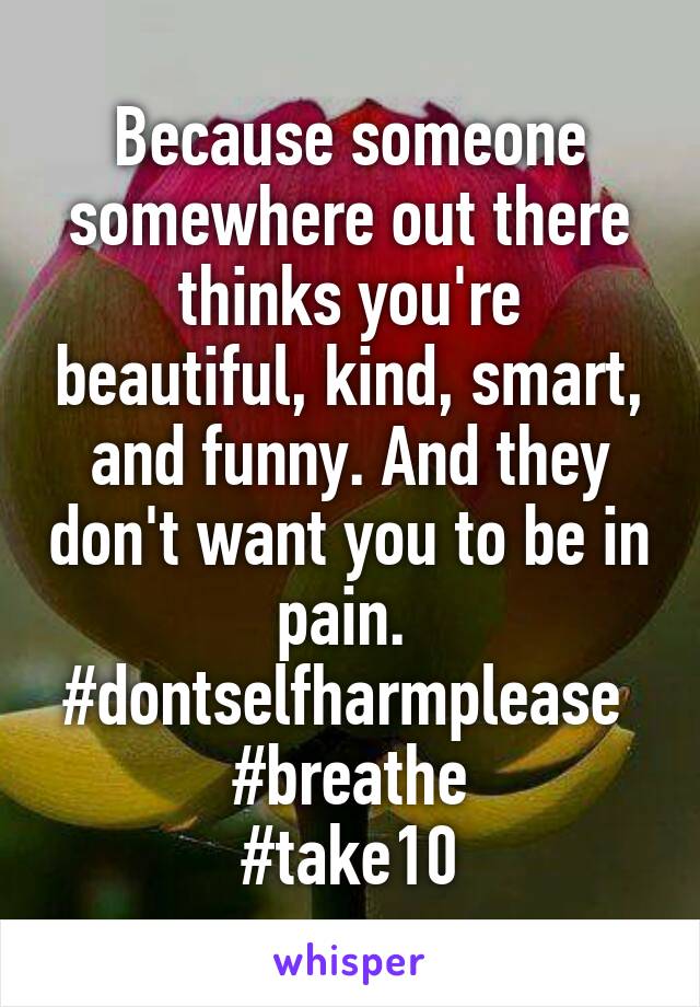 Because someone somewhere out there thinks you're beautiful, kind, smart, and funny. And they don't want you to be in pain. 
#dontselfharmplease 
#breathe
#take10